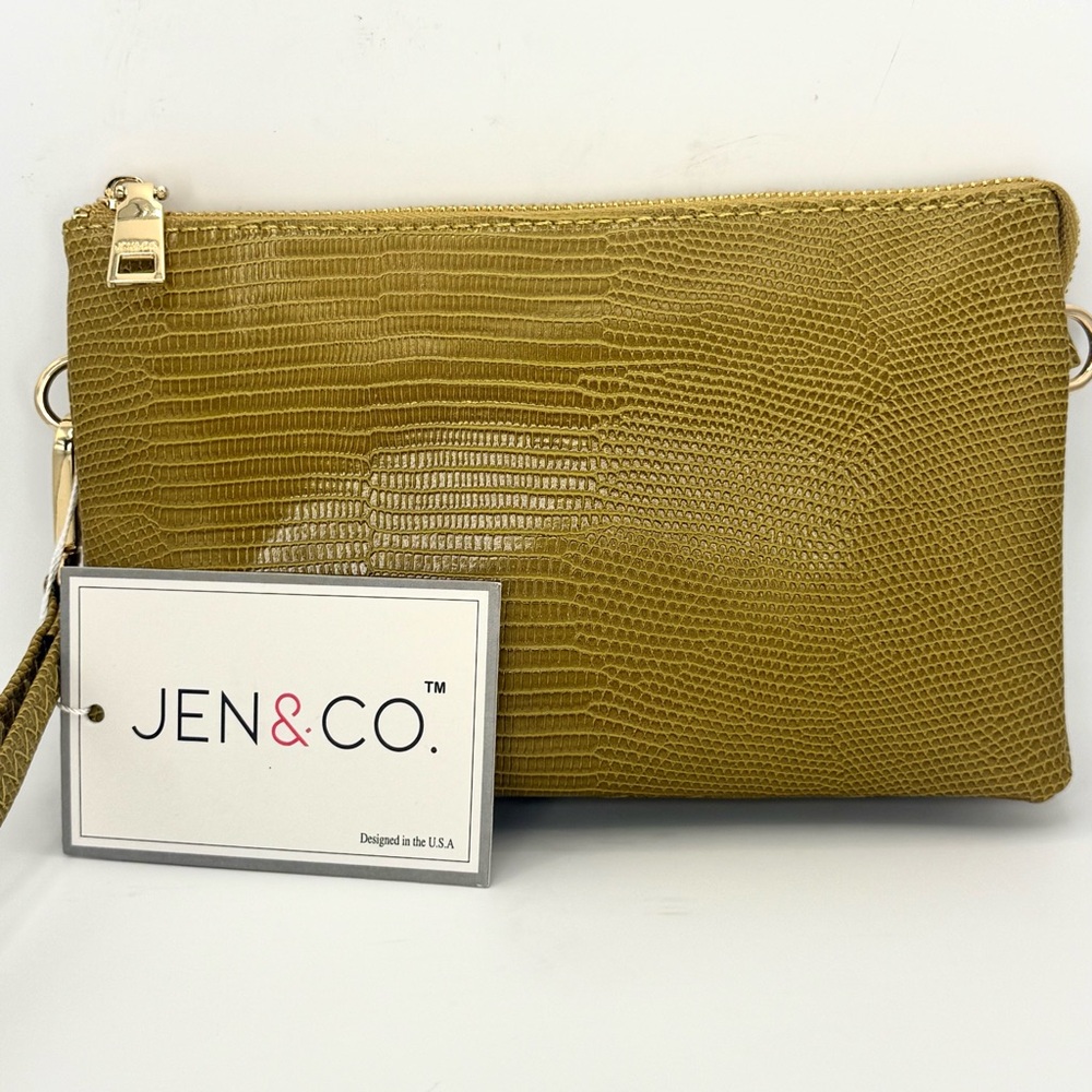 Jen & Co Gator Green Faux Alligator Crossbody Wristlet Vegan Leather Bag